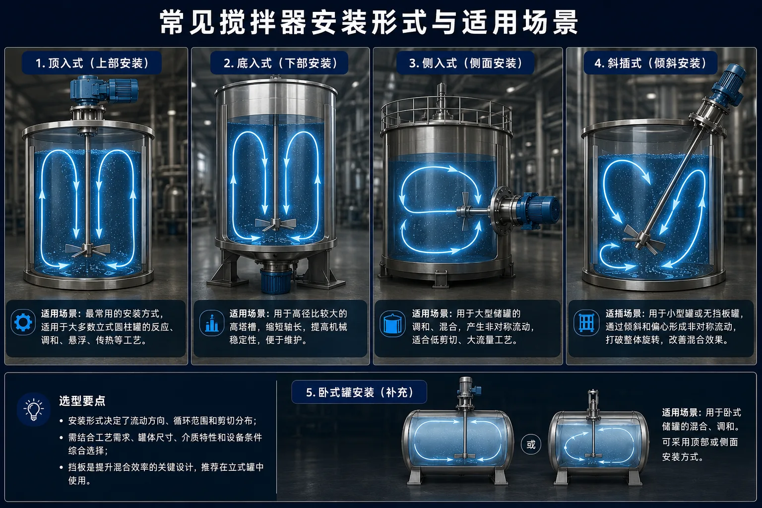 常见搅拌器安装形式与适用场景:顶入式、底进式、侧进式、斜插式